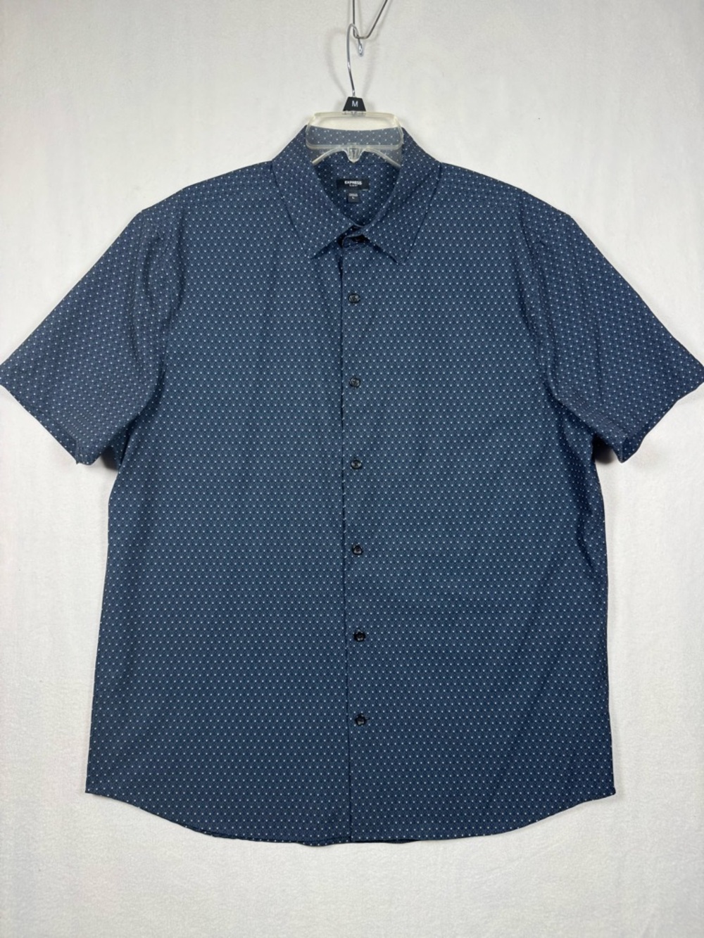 Express Men's Navy Short-Sleeve Button-Down Shirt with Micro Dot Print
